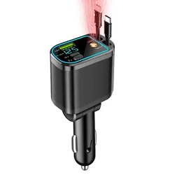 Universal Retractable 5 - in - 1 USB - C Car Charger with Voltage Display (2TYPE C light)