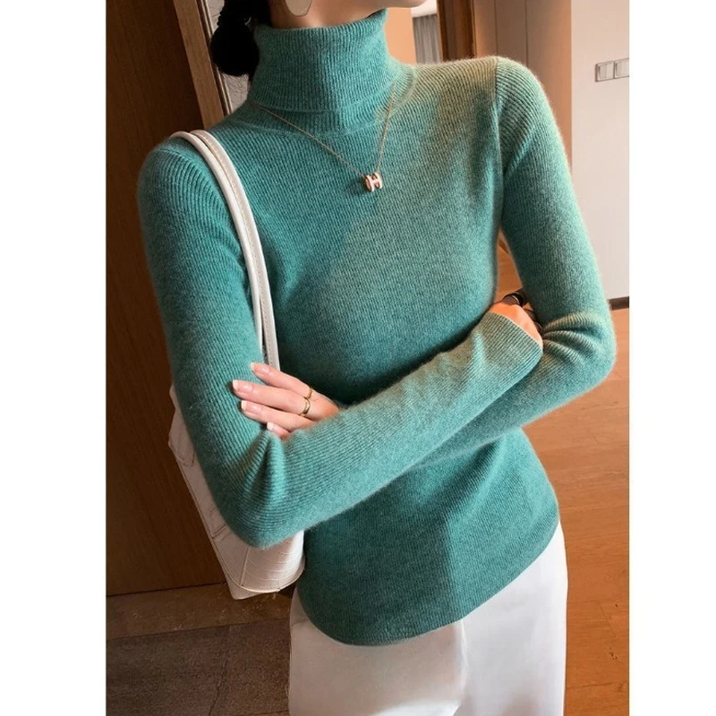 New Retro Turtleneck Women's Long-sleeved Sweater Fall casual Fashion Solid Color Knitwear Slim Bottoming Shirt