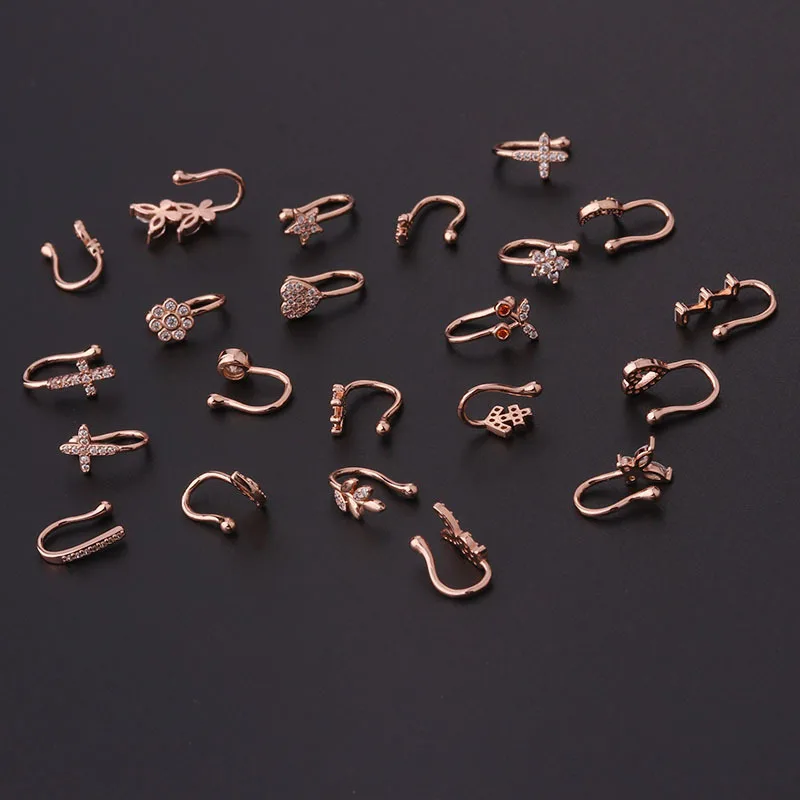 New 1PCS Fake Piercing Clip Nose Ring Cuff Body Jewelry for Women Trend Ear Cuffs Heart Star Flowers Butterfly Clip Rings KAE197 images - 6