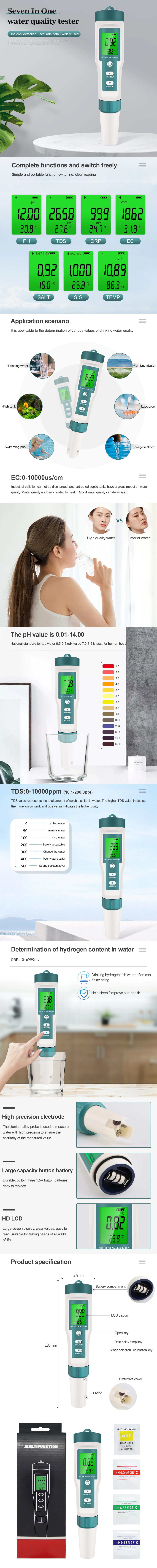 Description Picture 3 of item7 In 1  Water Quality Monitor Chlorine Meters PH Meter ORP TDS Salinity Testers EC Temp Detector Tool for Pool Filter Aquariums
