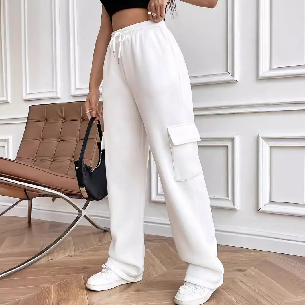 Pantalon de protection pour femme, coupe droite, poches, taille élastique décontractée avec cordon de serrage, pantalon noir, automne printemps 2024 2
