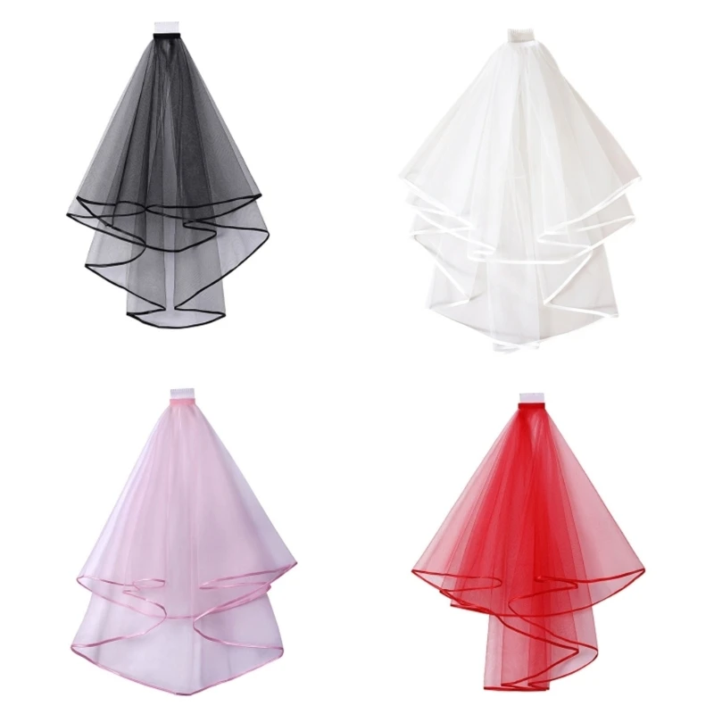Women Short Wedding Veil Double Layer Mesh Tulle Solid Color Comb Ribbon Edge Center Cascade Bride Party Headpiece Bridal Veil
