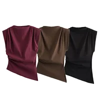 2025 Summer Asymmetric Tank Women Wine Red/Brown/Black Ruched Sleeve Office&Party Tops Breathable Stretchy Slim Fit Streetwear - Image 3