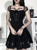 Vintage hauts Goth T-shirt femmes moulante pansement dentelle noir T-shirts gothique Streetwear Sexy femme haut décontracté maille T-shirts 3