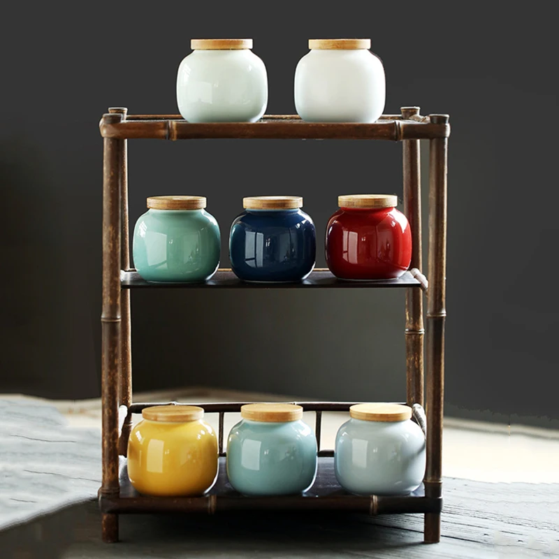 

Tea Set Ceramic Storage Tank Kitchen Seasoning Jar Natural Bamboo Wood Lid Salt Shaker Seasoning Jar Kitchen Accessories Tea Jar