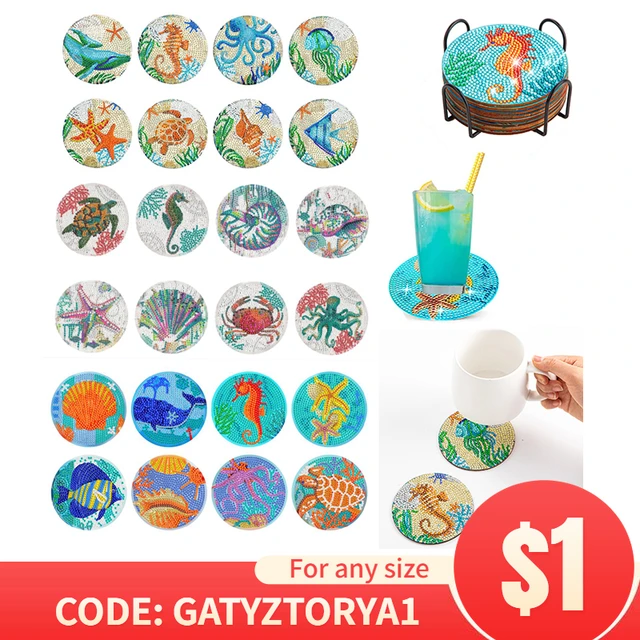 SDOYUNO 8pc/sets Diamond Painting Coasters With Holder DIY Coaster