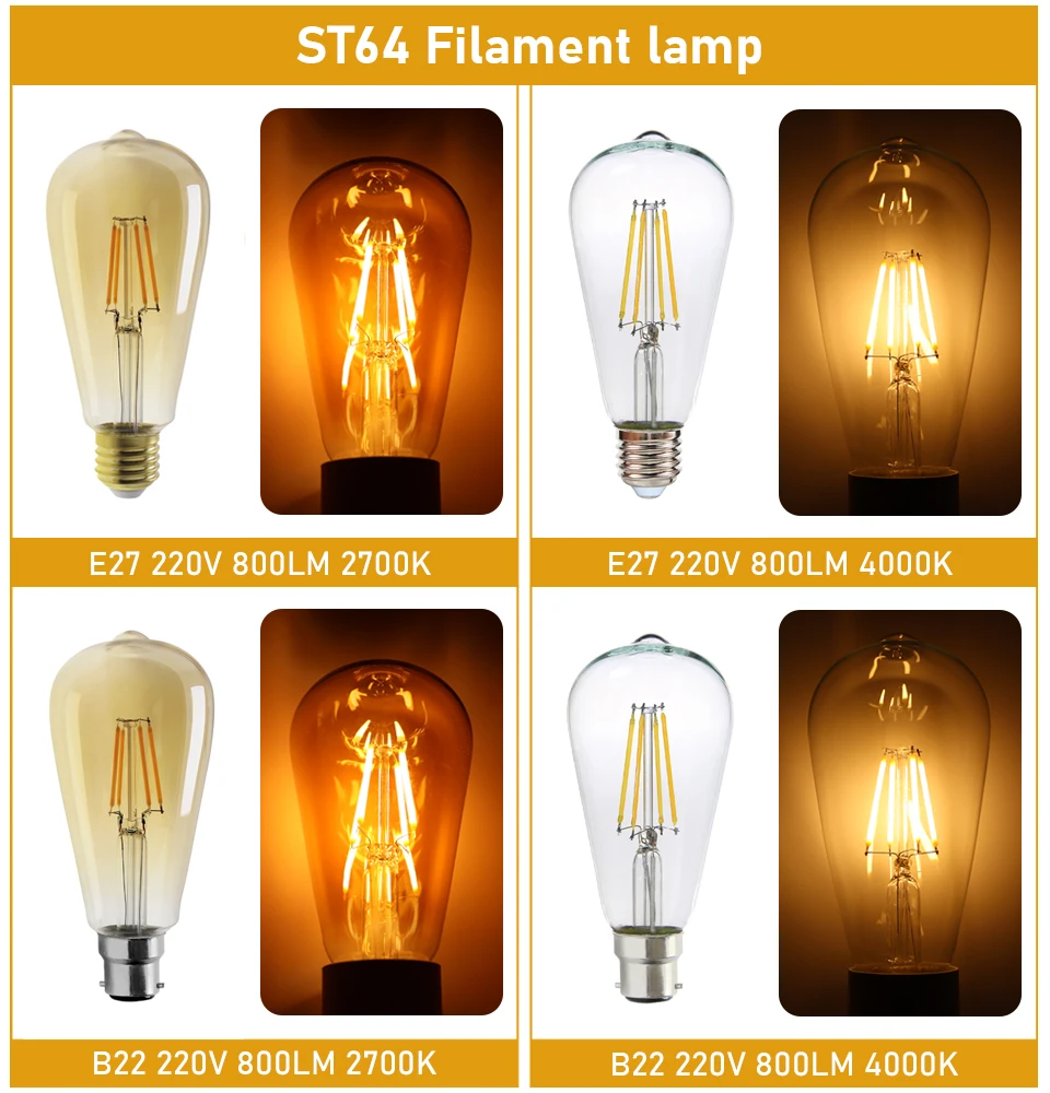 레트로 에디슨 LED 필라멘트 전구, E27 E14 B22 램프, AC220V 전구, C35 G45 A60 ST64 G80 G95 G125 유리 전구, 빈티지 캔들 라이트