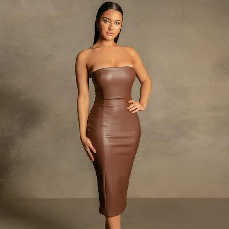 PU Leather Sexy Dress Women Clubwear Elegant Slim Tube Top Back Slit Sexy Midi Dress for Strapless High Waist Long Dress
