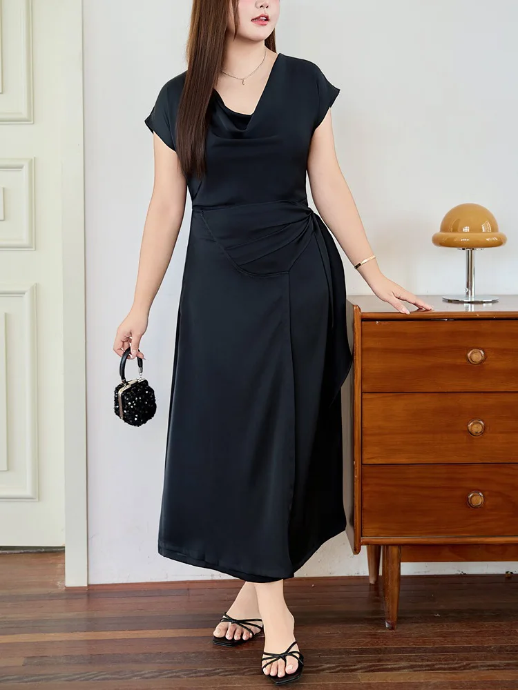 Plus Size Women Dresses Premium Copper Ammonia Satin Swing Collar Lace Up Fold Waist Commuting Black Short Sleeve Dress