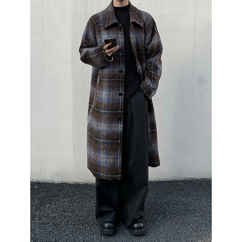 

SYUHGFA Korean Vintage Plaid Lapel Woolen Jacket Men's Clothing Loose Long Coat 2024 Winter Thickening Tops Fashion Trench