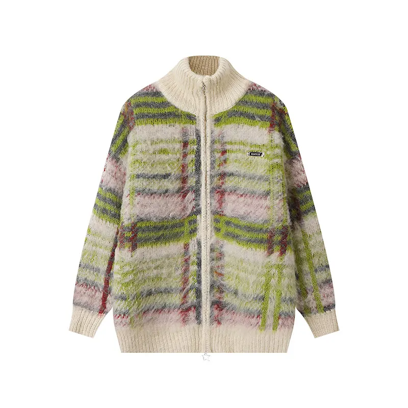 

American Retro Stand Collar Striped Sweater Coat Men's and Women's Mohair Cardigan Loose Sweater