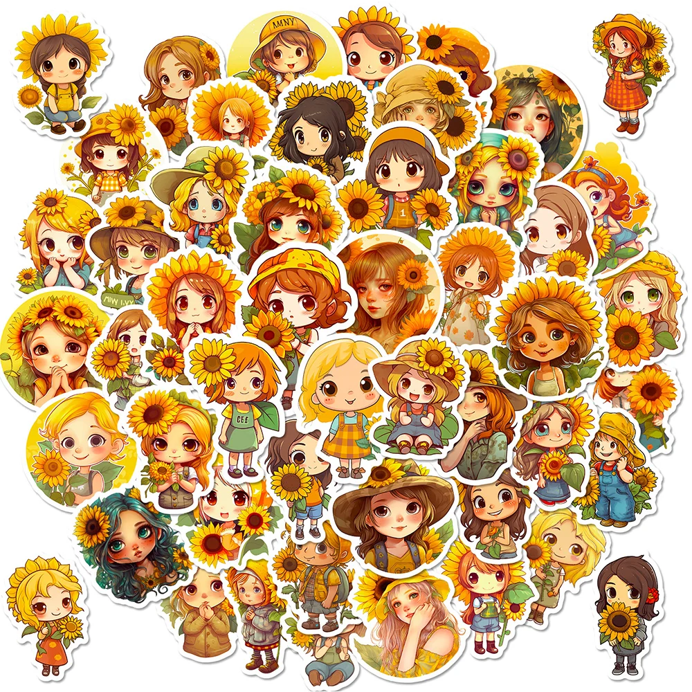 10/30/50pcs Cartoon Sunflowers Girls Stickers Cute Characters Anime Sticker Car Guitar Skateboard Window Flowers Decal Toys Gift journamm 40pcs pack flowers window stickers washi paper deco journalling diy srapbooking materials aesthetics sticker stationery