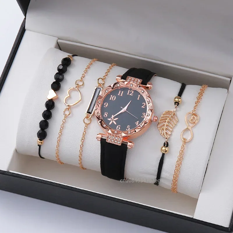 6PCS Set Watch For Women Luxury Leather Analog Ladies Quartz Wrist Watch Fashion Bracelet Watch Set Female Relogio Feminino - Image 2