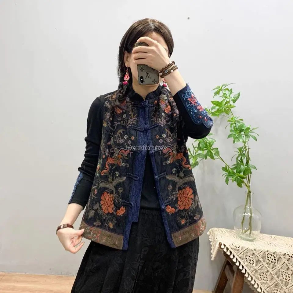 Chinese Retro National Style Flower Embroidery Sleeveless Women Stand Collar Vest Top Cotton Linen