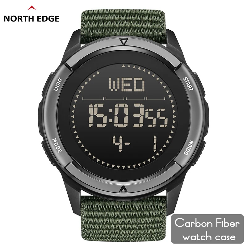 

NORTH EDGE ALPS Men's Digital Carbon fiber Watch Shock Militray Sports Super Light Outdoor Compass Waterproof 50M Wristwatches