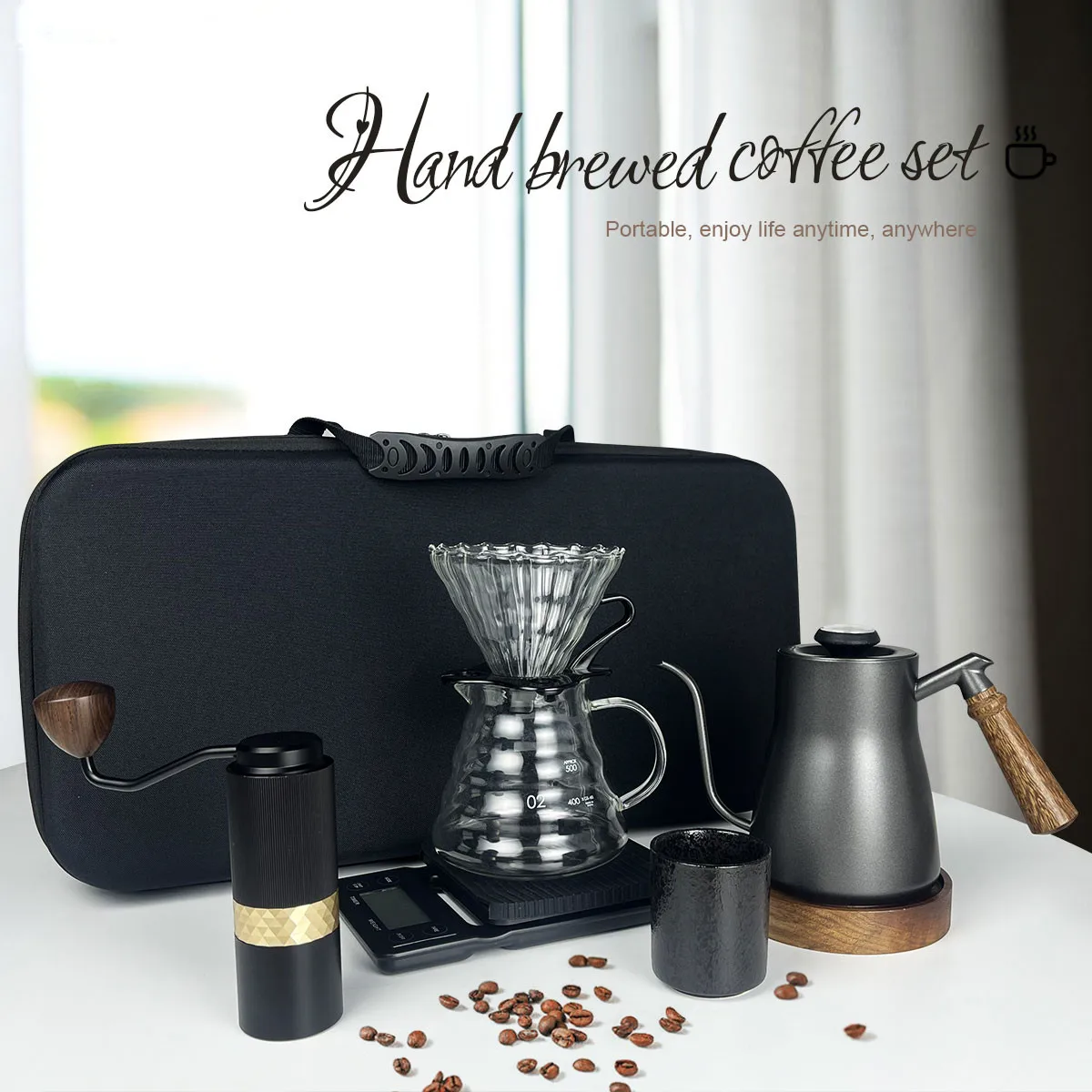 Pour-Over Coffee Set Outdoor Travel Bag With Pour Over Stand Share Pot  Glass Grinder Black Steel Coffee Kettle Filter Paper - AliExpress