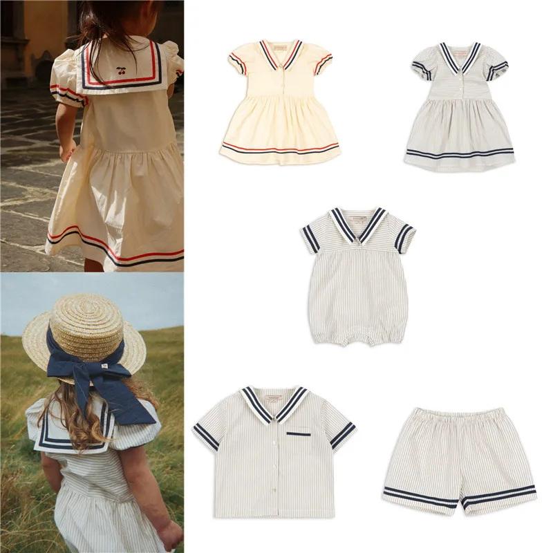 2026 New Summer Kids Clothing KS Navy Style Stripe Girls Dress Children Outfits Set Casual Shirt Toddler Infant Baby Romper