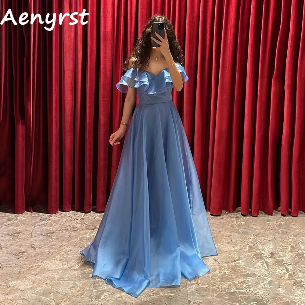 

Aenyrst Blue Off The Shoulder Ruffles Prom Dresses Organza A Line V Neck Evening Gown Floor Length Elegant Women Celebrate Dress