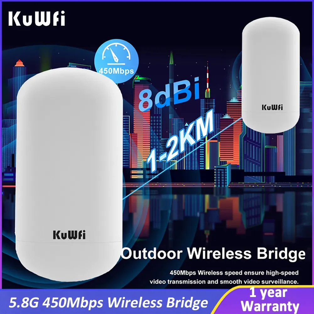 KuWFi 5.8G 450Mbps Wireless Bridge Outdoor CPE Router 1-2KM Long Range Access Point  AP Client With 8dbi Antenna  No Setting