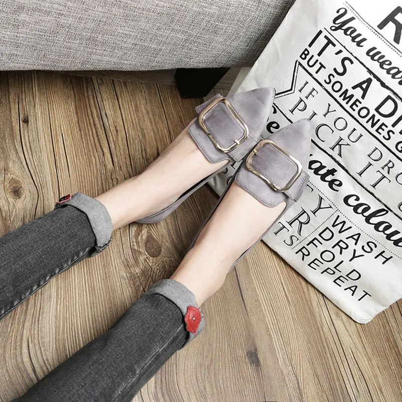 Lady Court Tacons Moccasin Low-Top Flock Flats Pointed Mujer With Belt Buckle Plus Size 48-33 Grey Black Pink Shoes Comfortable