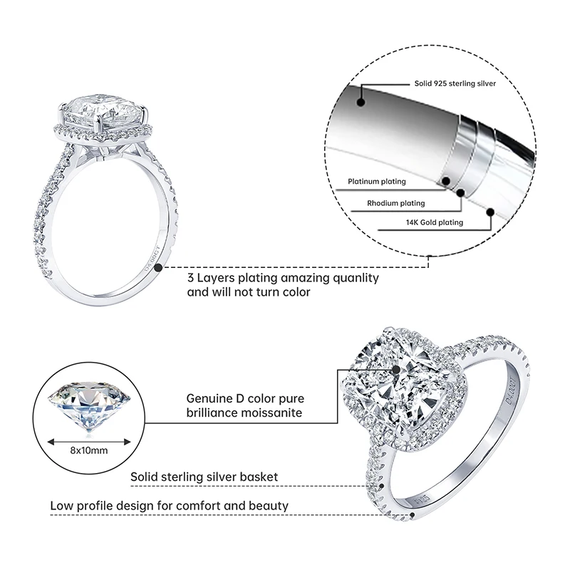 IOGOU Luxury 4ct Moissanite Halo Engagement Ring With GRA Cushion Cut Diamond Wedding Rings 925 Sterling Sliver Wedding Jewelry 6