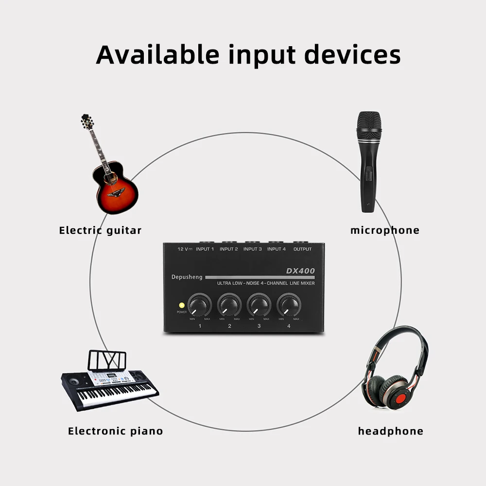 4 Channel Line Mixer Depusheng DX400 Mini Sound Mixer Power Supply DC5V Easy Operation audio mixer