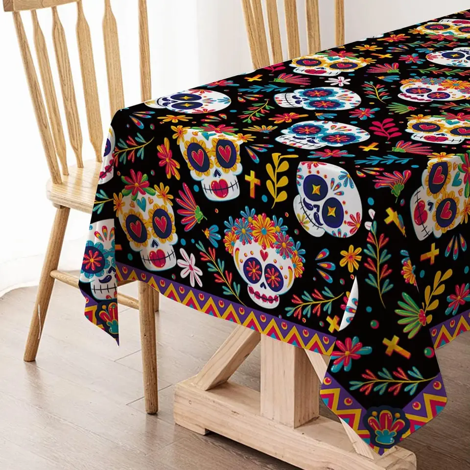 3-Pack Day Of The Dead Tablecloths - 54x108 Inch Skull Plastic Table Covers For Dia De Los Muertos