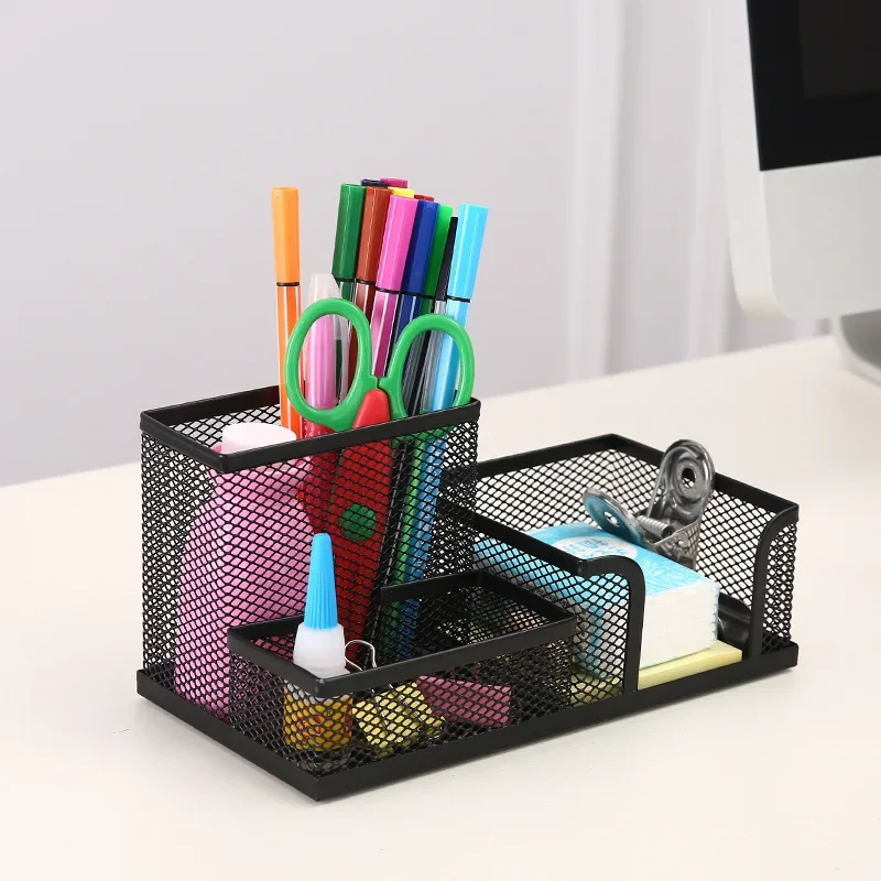 3-In-1 Desk Organizer Pencil Pen Holder Metal Hollow Mesh Wire Organizador De Escritorio Lapices Office Desk Accessories pen holder desk organizer pen and brush holder