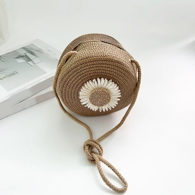 Flower Graphic Circle Straw Bag, Vintage Shoulder Beach Bag, Women's Crossbody Purse Mini Floral Decor Straw Crossbody Bag