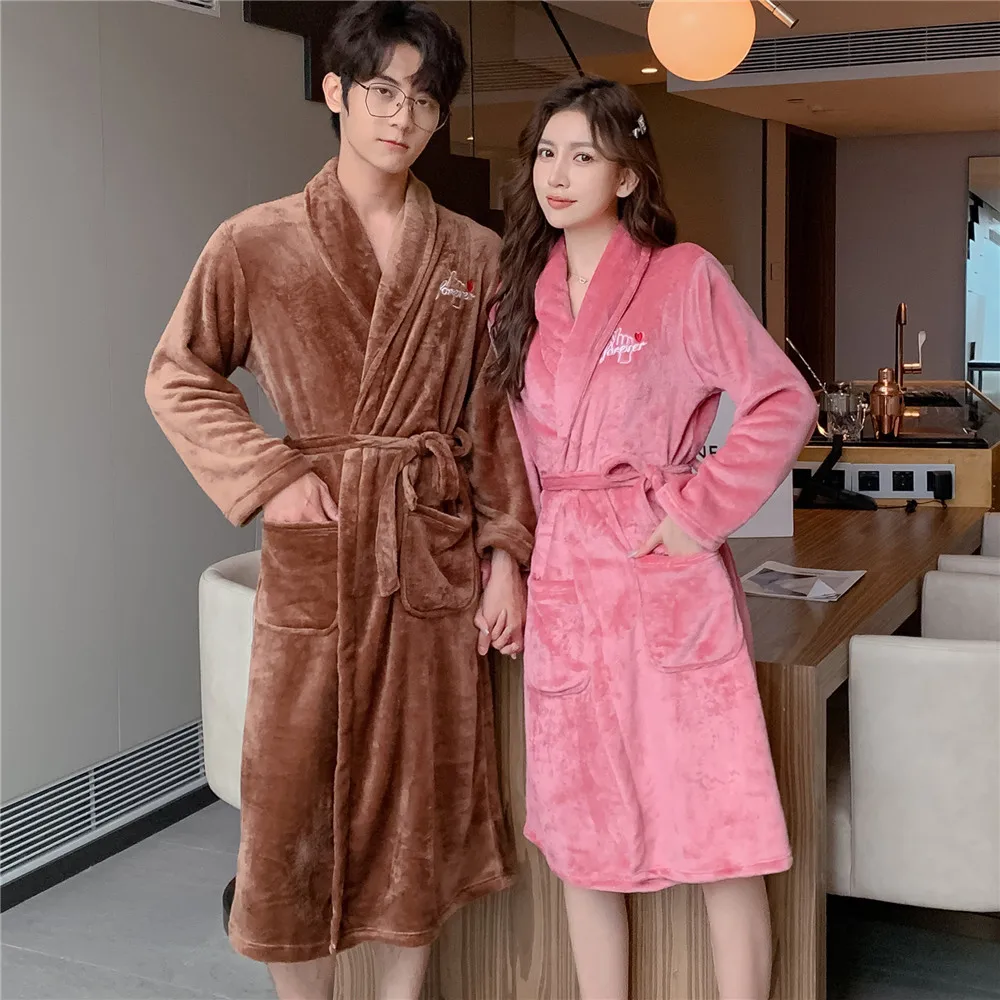 Flannel couple nightgown bathrobe winter thickening and lengthening men and women sexy coral fleece large lapel home service