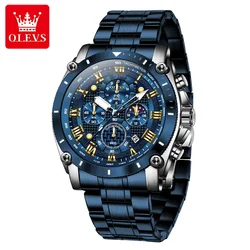 OLEVS Men's Multifunctional Moon Phase Chronograph Quartz Watch - Waterproof Sports & Business Timepiece (Silver blue)