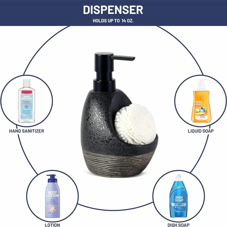 Set Dispenser Detersivo Da Cucina – 2 Erogatori Sapone + Spazzola + Spugne – Organizer Lavello Nero Opaco - 3