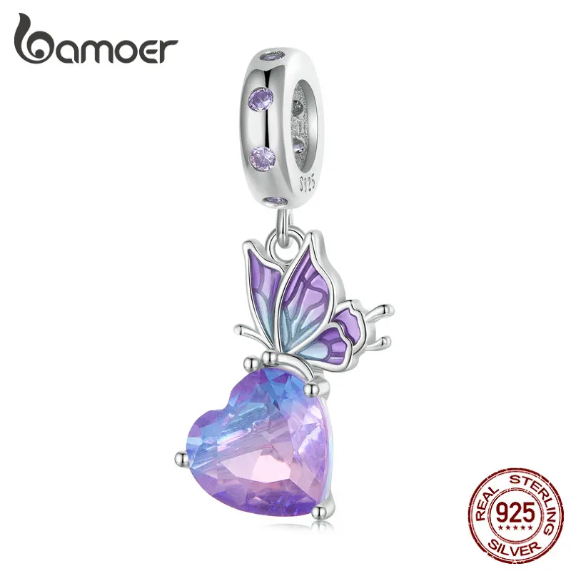 

Bamoer 925 Sterling Silver Gradient Purple Butterfly Hanging Bead Heart Pendant Charms for Women Bracelet and Necklace DIY