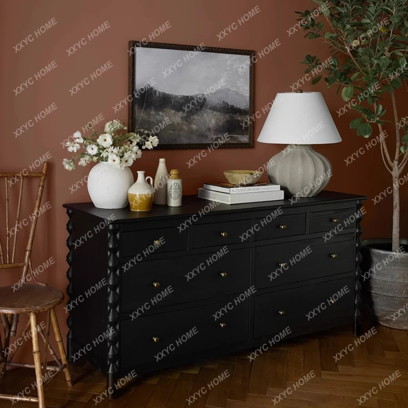 

American-Style Solid Wood Chest of Drawers French Retro Sideboard Cabinet Black Eight Spares Cabinet Locker