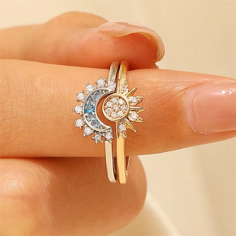 New Adjustable Sun and Moon Overlapping Wear Ring for Women Girls