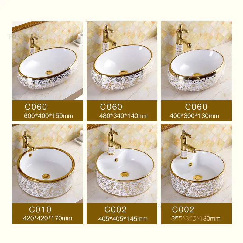 European-style Ceramic Bathroom Sink Square Countertop Basin Round Gold Art Basin Light Luxury Washbasin Set Washing Hand Basin 6