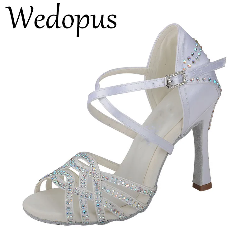 

Wedopus Latin Wedding Dance Shoes White Women's Dinner Dancing Sandals Shiny Rhinestones salsa shoes high heels 9 cm