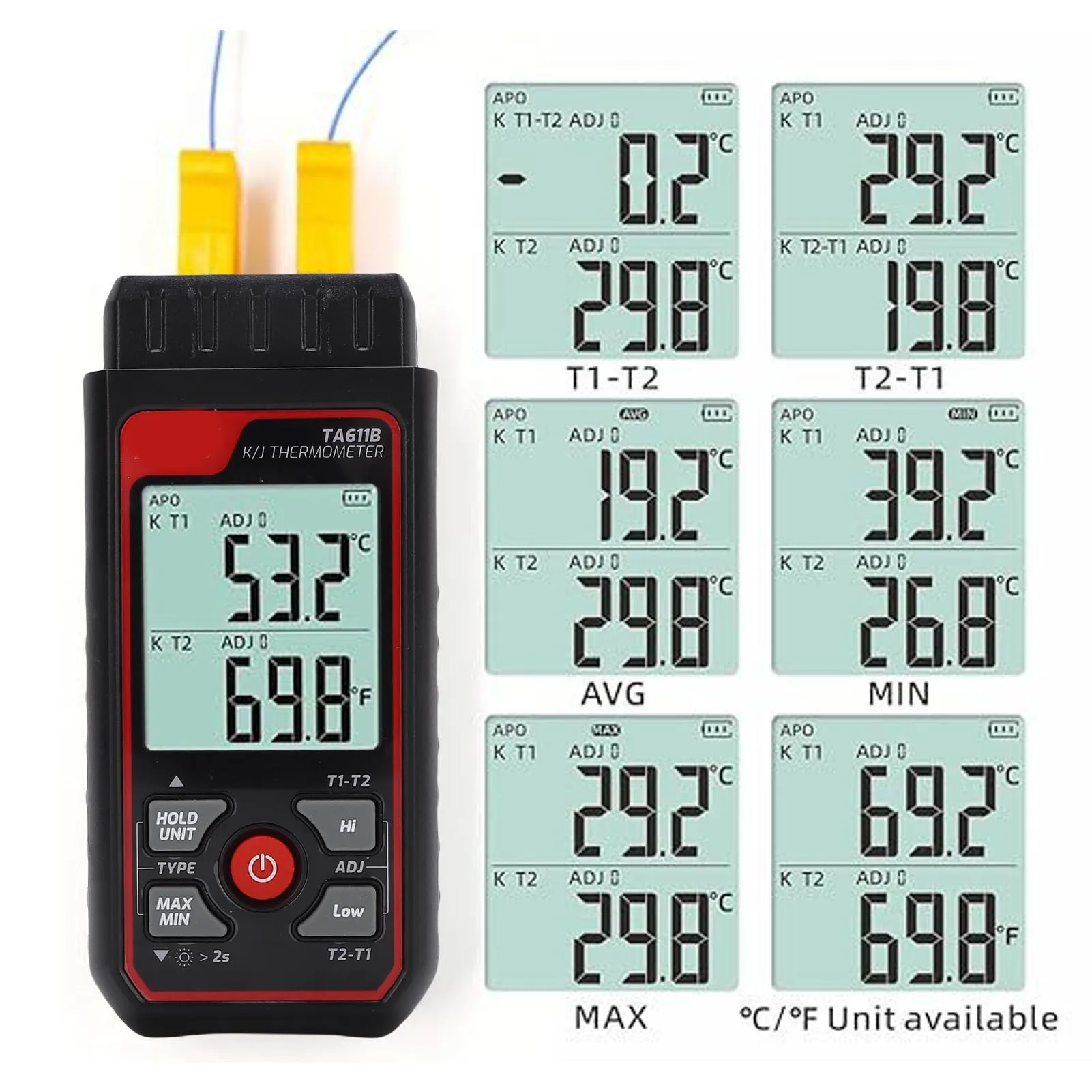 Thermocouple Thermometer K J Type Dual Channel Digital Temperature Meter Backlit LCD Screen Thermocouple Temperature Meter