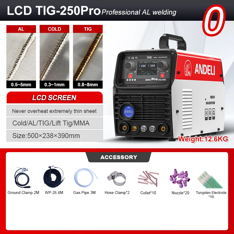ANDELI LCD Smart Tig-250 Pro 6 in 1 AC DC HF TIG Pulse Cold MMA Multifunctional Aluminium TIG Welding Machine