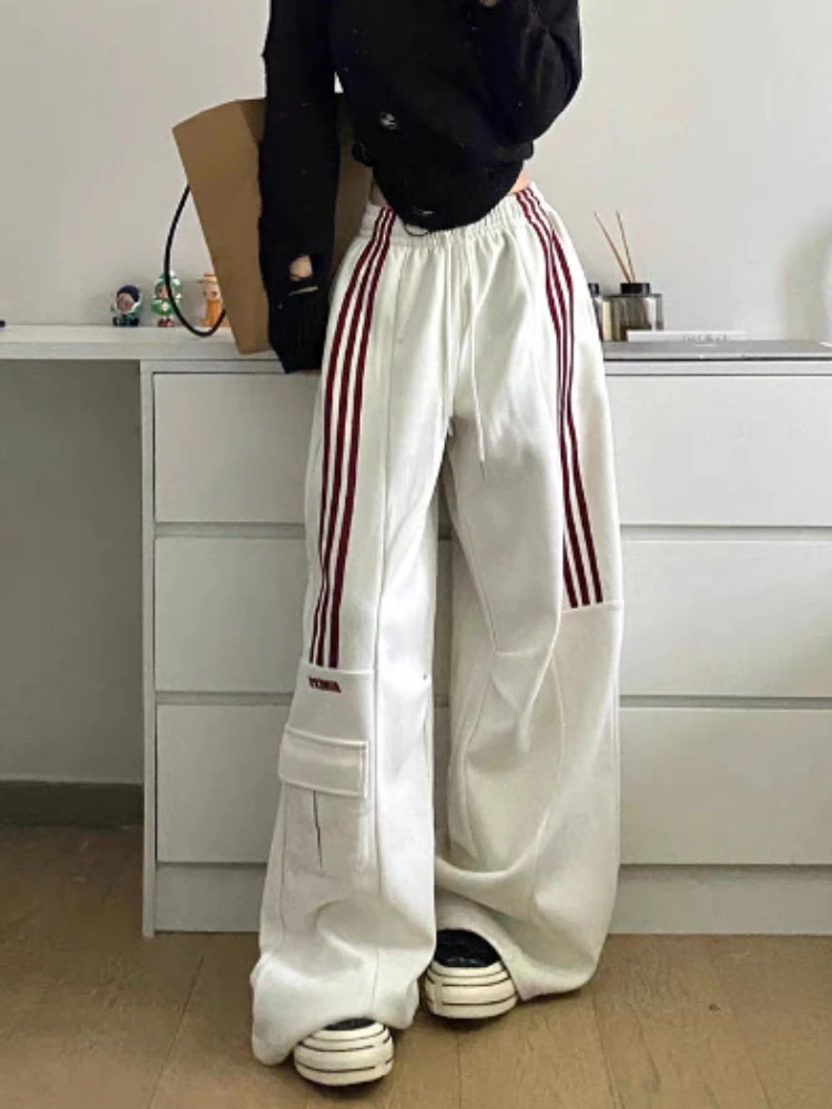 QWEEK Y2k Stripe Sweatpants Women Hip Hop High Waist Vintage Loose Wide Leg Pants Streetwear Elastic Casual Black Oversize Pants