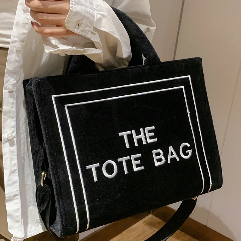 

Female Large Black Tote Bag Quality Velour Lovers' Aesthetic Stylish Handbags Original Letter Print Elegant Women Shoulder Bags