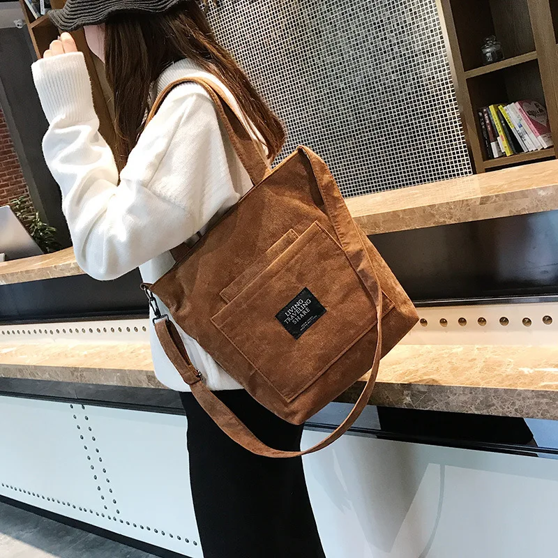 

Corduroy Shoulder Bag Women Vintage Handbag Shopping Bags Zipper Girls Student Bookbag Handbags Casual Tote with Outside Pocket