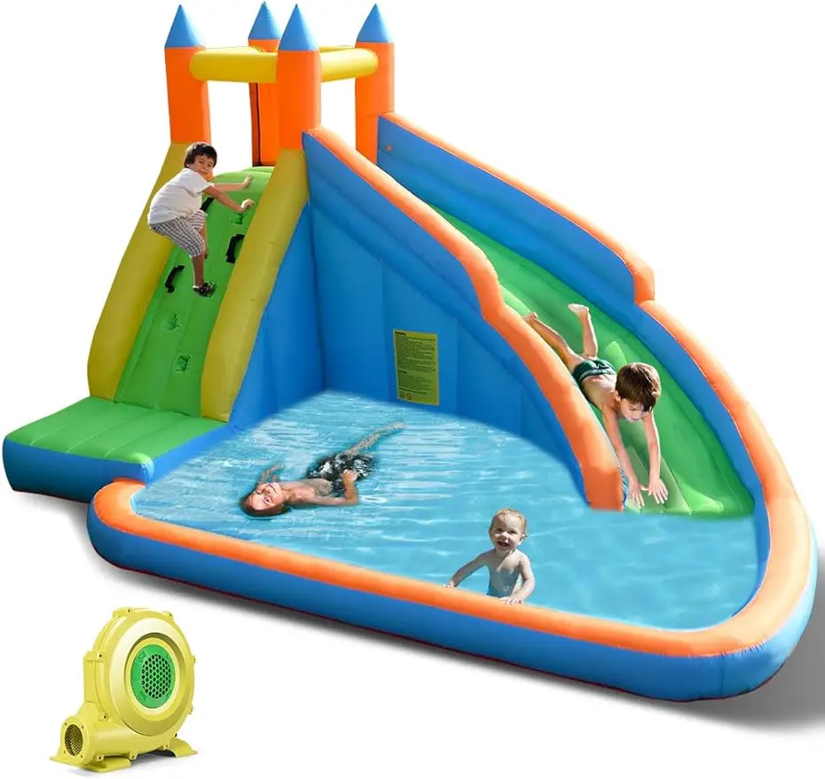 

Costzon Inflatable Water Slide, Giant Bouncy Waterslide Park for Kids Backyard Outdoor Fun with 480w Blower, Climbing Wall,