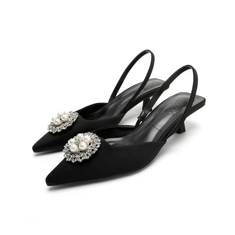 2022 New Women's Shoes Pointed Toe Shallow Nude Pink Diamond Pearl Shoes Low Heel Back Strappy Shoes Women Sandals 3