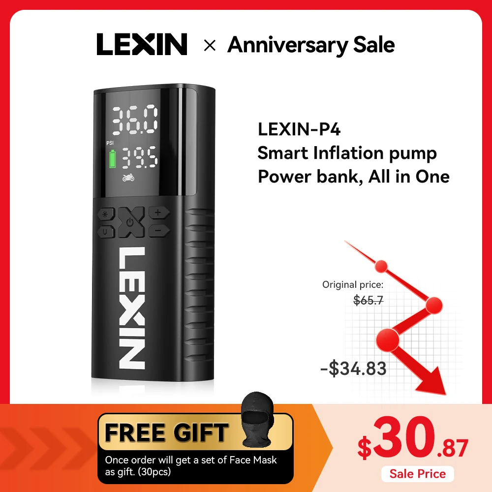 2023 Lexin P4 Smart Air Pump 4000mAh for Motorcycles Tire Inflator Bicycle Boat with LED Digital&Preset Pressure Inflation