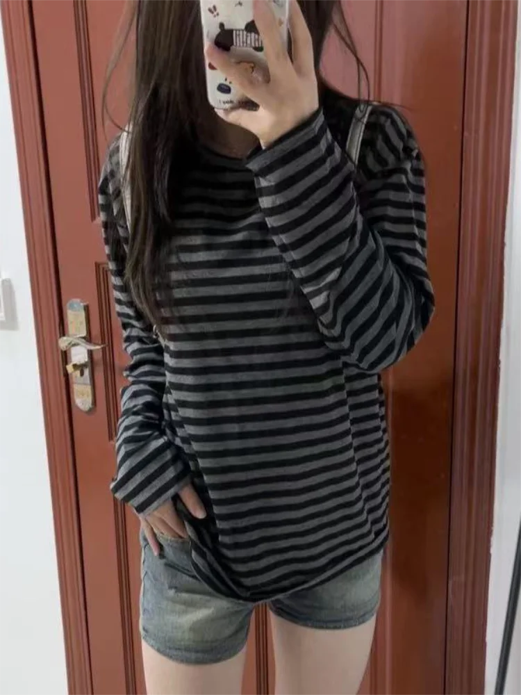 Japanese Y2k Clothing Long Sleeves T-shirt Autumn Women Striped Tops Loose Thin Grunge 2000s Streetwear Top 3