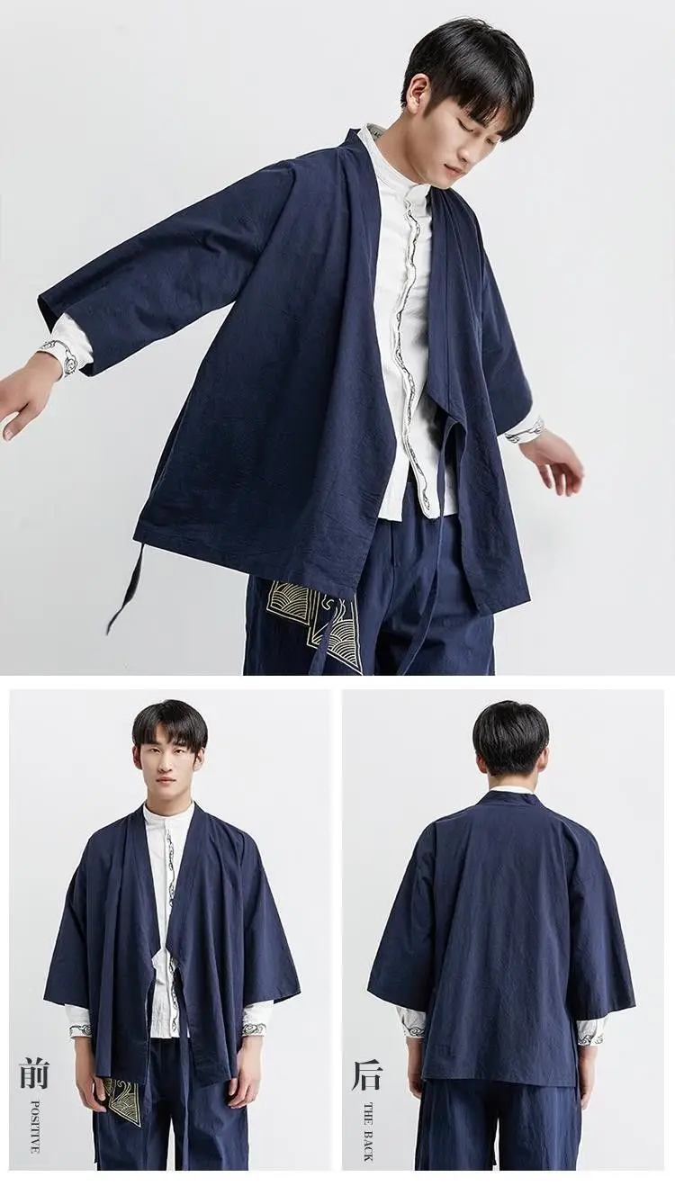 Plus Size Men's Kimono Cardigan Jacket Cotton Linen Japanese Yukata Haori Loose Open Front Hanfu Coat Samurai Costume Streetwear
