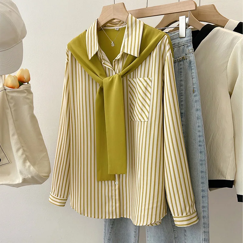Women Clothing Autumn Korean Fashion Chiffon Shirts Lady Sweet Casual Long Sleeve All-match Tunics Shawl Spliced Fake Two Blouse