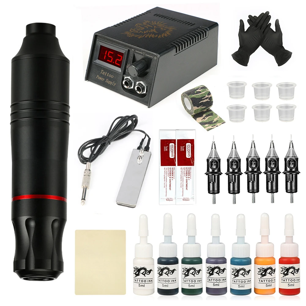 Tattoo Kit Complete Tattoo Machine Rotary Tattoo Gun Pen Battery With Cartridges Needles Tattoo Supplies For Permanent Makeup smart cart battery 510 thread cartridges 380mah voltage preheating 80w 100w 200w 2200mah build in battery tank soldering iron