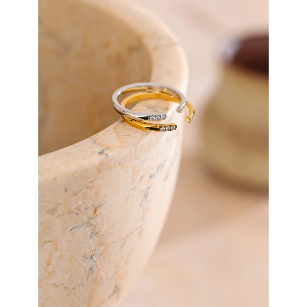 Yhpup Adjustable Stainless Steel Zirconia Open Thin Ring Gold & Platinum Plated